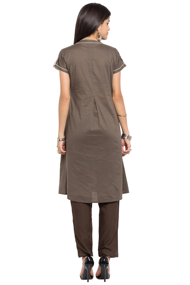 Blended Cotton High Slit Kurti In Grey