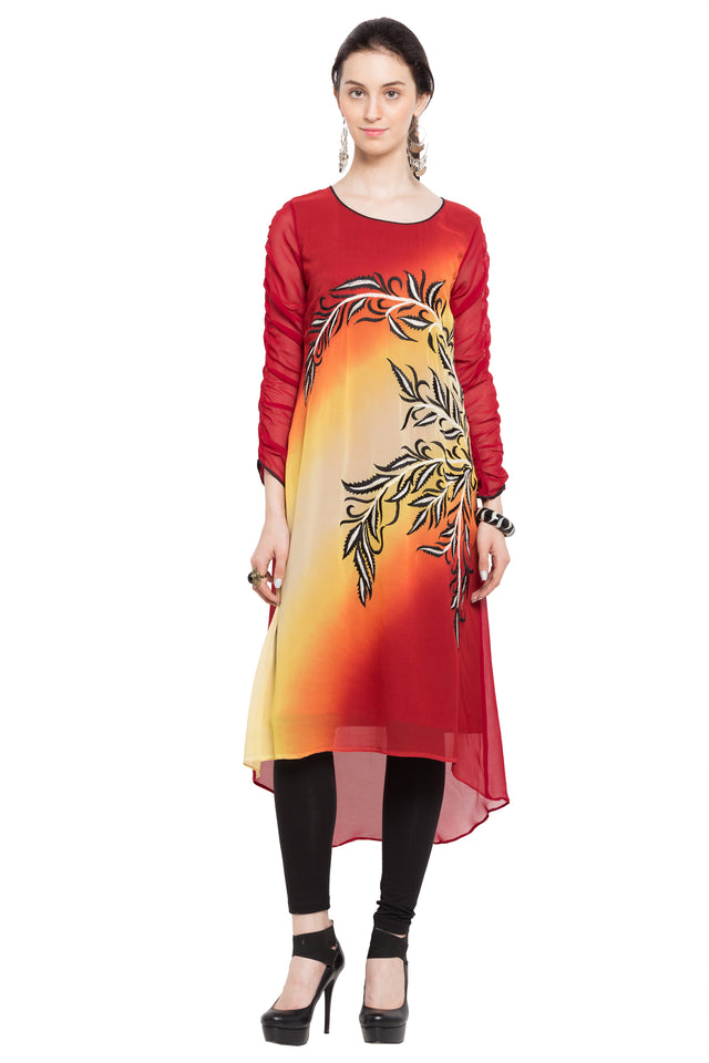 Faux Georgette Asymmetric Kurti Top In Red