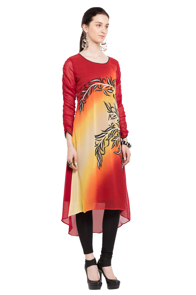 Faux Georgette Asymmetric Kurti Top In Red