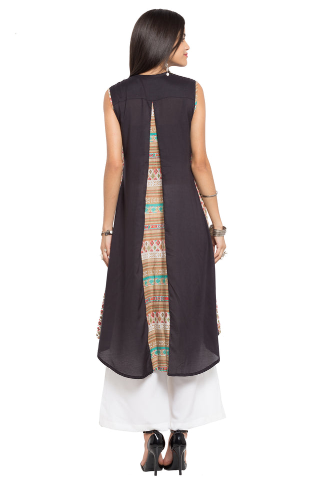 Blended Cotton Embroidered Kurti Top In Black