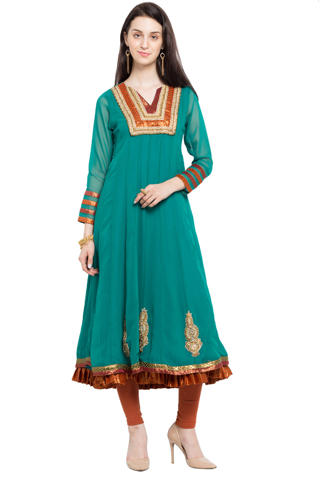 Faux Georgette Anarkali Kurti Top In Green