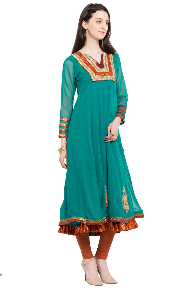 Faux Georgette Anarkali Kurti Top In Green