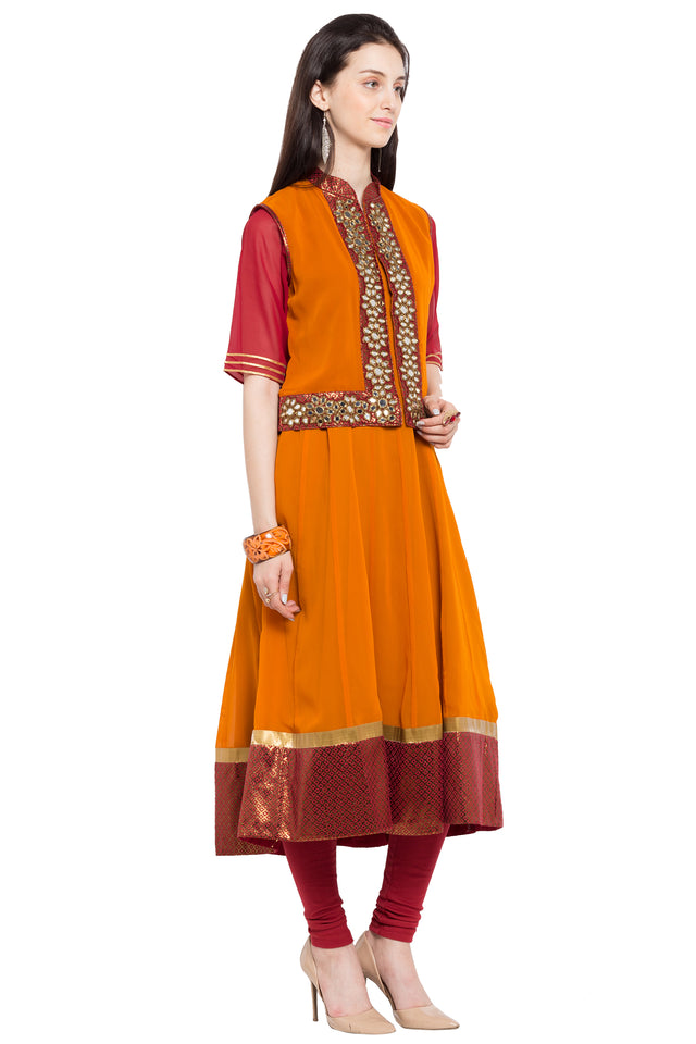 Faux Georgette High-Low Kurti Top In Orange