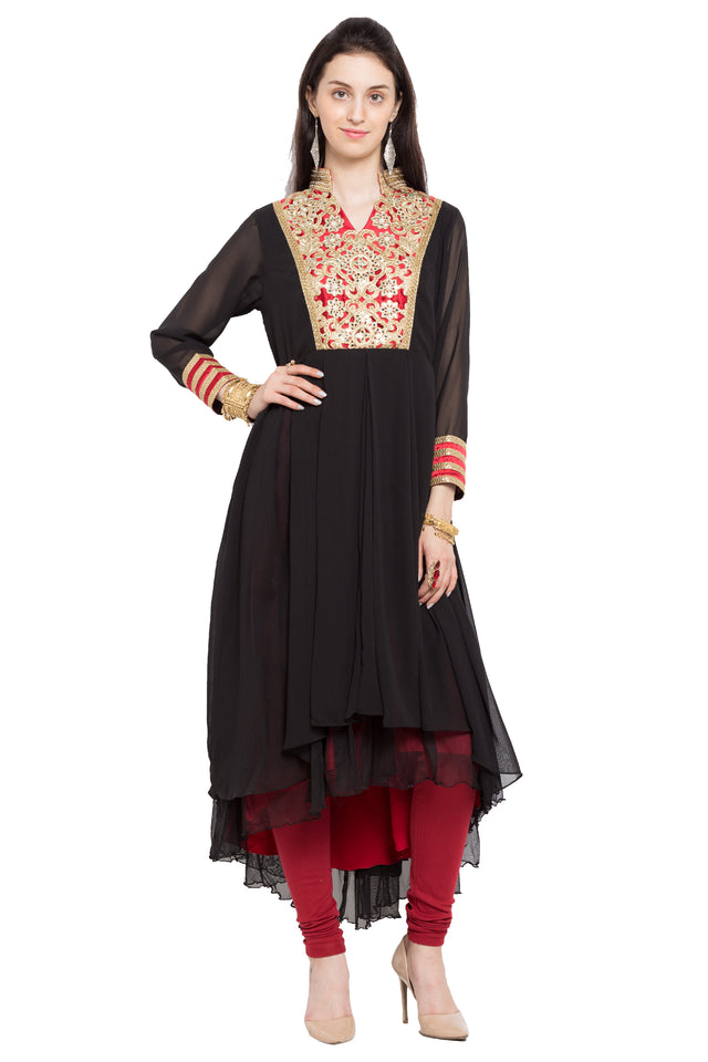 Faux Georgette High-Low Kurta Top in Black