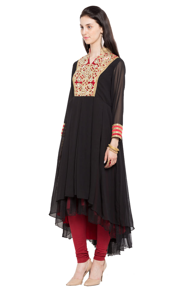 Faux Georgette High-Low Kurta Top in Black - Right Side