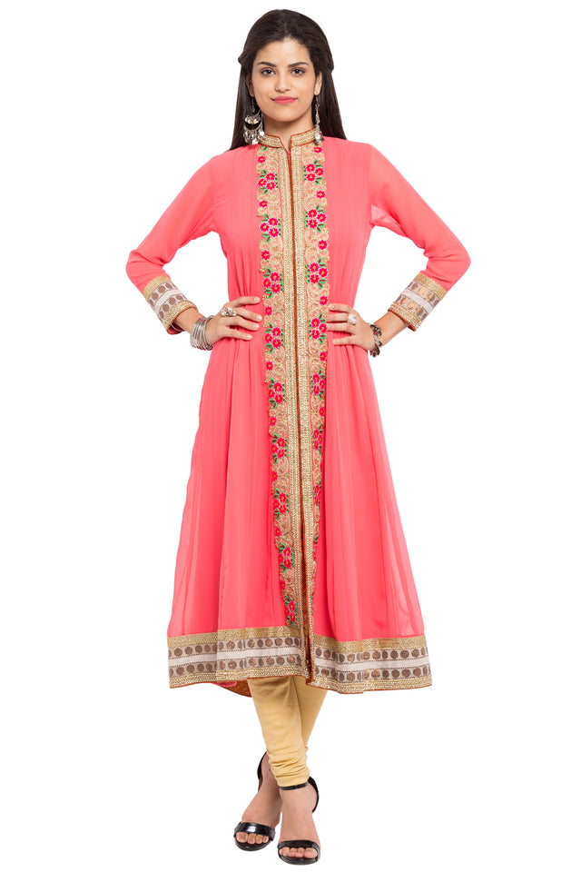 Faux Georgette Flared Kurti Top In Orange