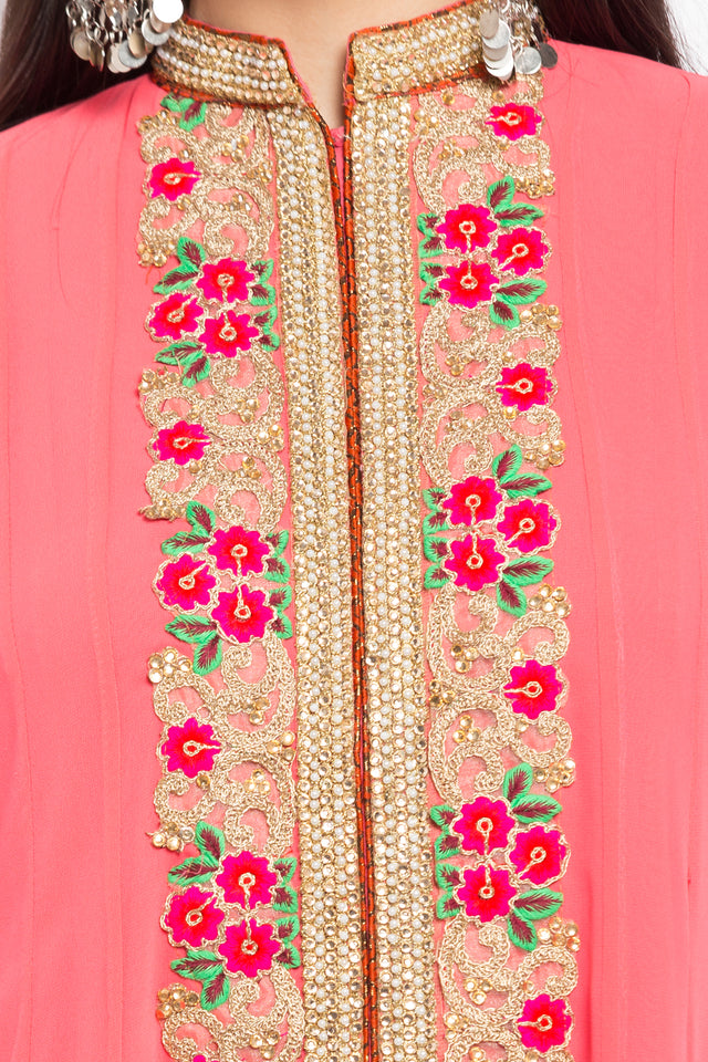 Faux Georgette Flared Kurti Top In Orange