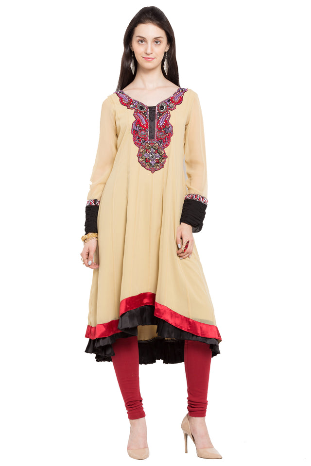 Faux Georgette Asymmetric Kurti Top In Beige