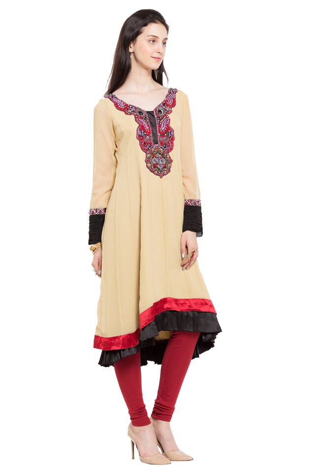 Faux Georgette Asymmetric Kurti Top In Beige