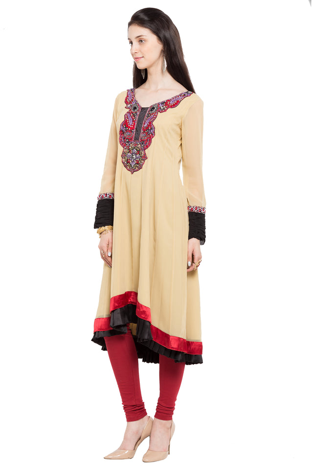 Faux Georgette Asymmetric Kurti Top In Beige