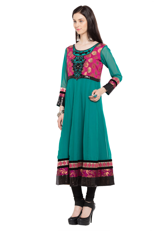 Faux Georgette Anarkali Kurti Top In Green