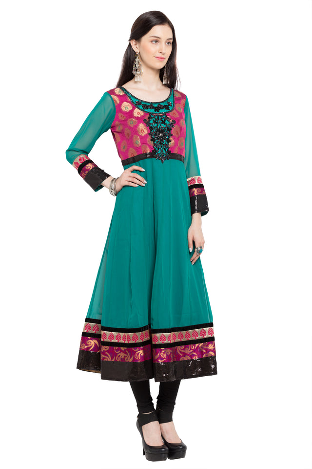 Faux Georgette Anarkali Kurti Top In Green