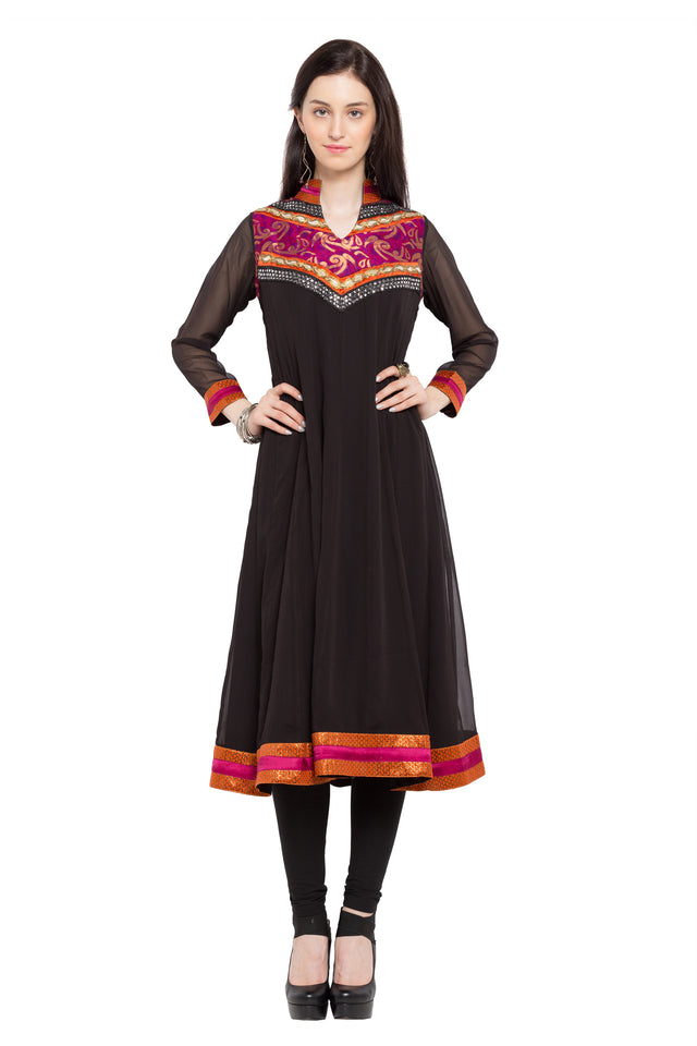 Faux Georgette Anarkali Kurti Top In Black