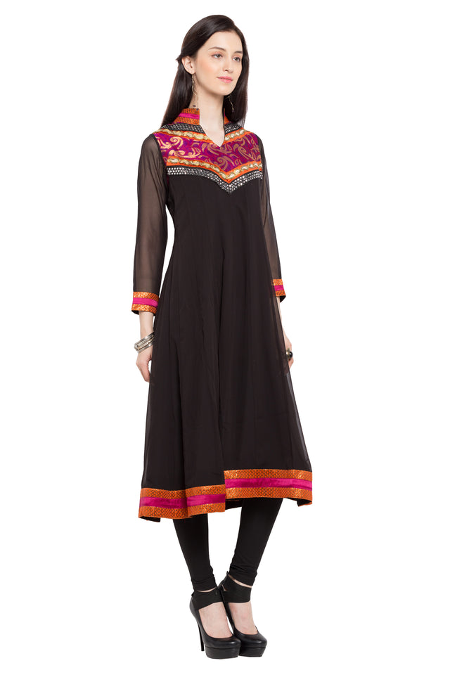 Faux Georgette Anarkali Kurti Top In Black