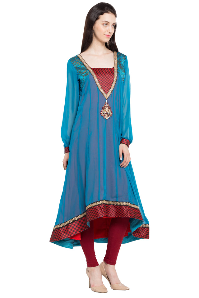Faux Georgette High-Low Kurti Top In Blue