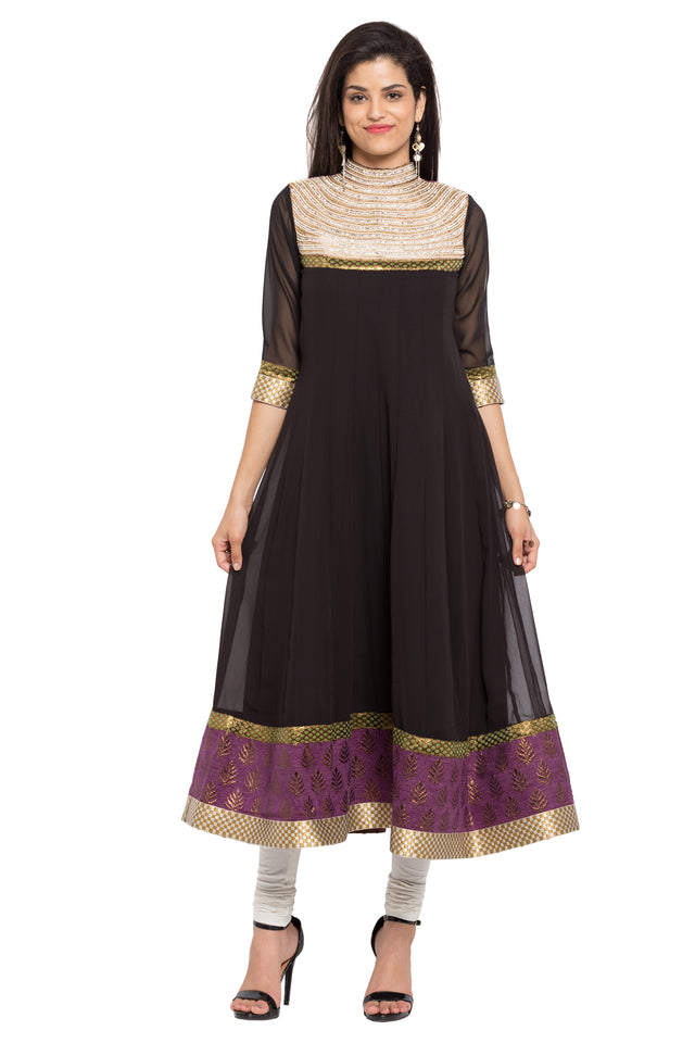 Faux Georgette Anarkali Kurti Top In Black