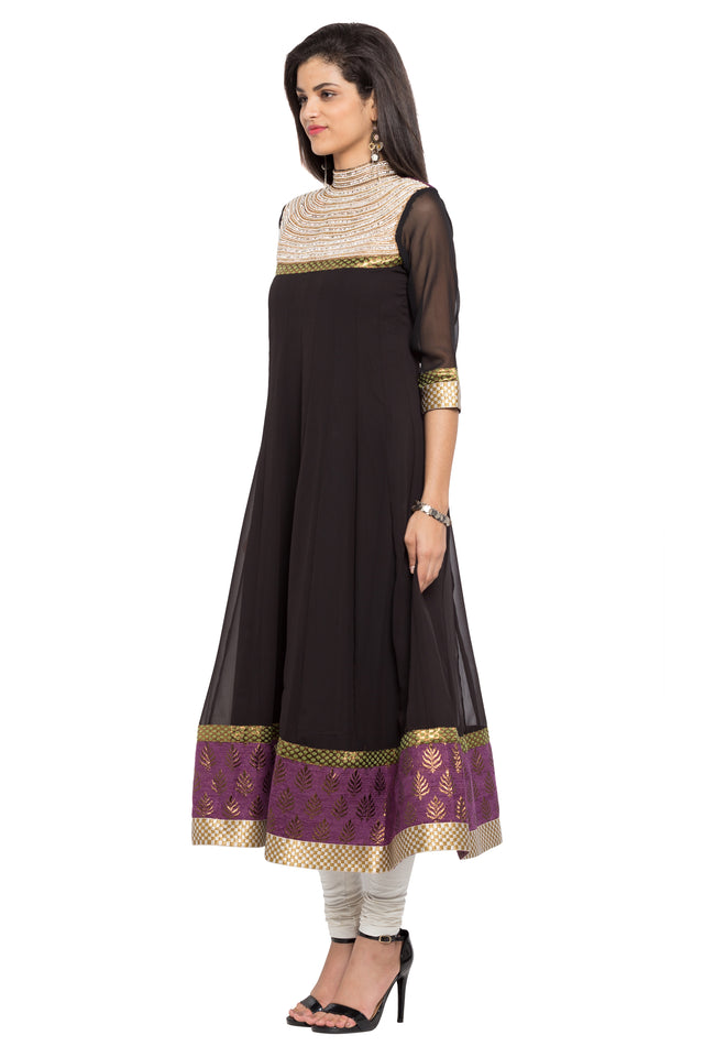 Faux Georgette Anarkali Kurti Top In Black