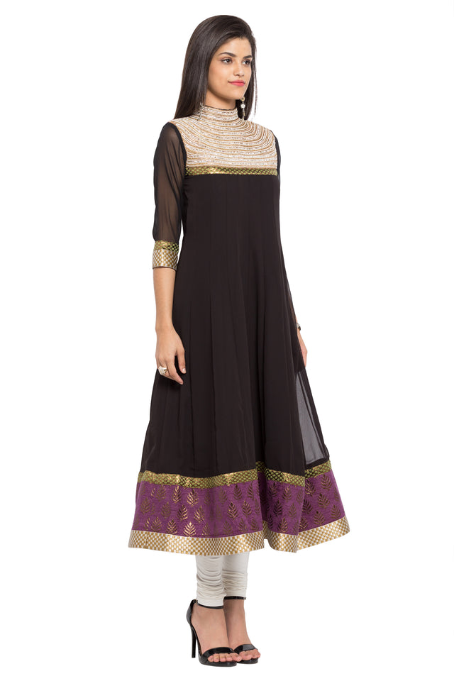 Faux Georgette Anarkali Kurti Top In Black