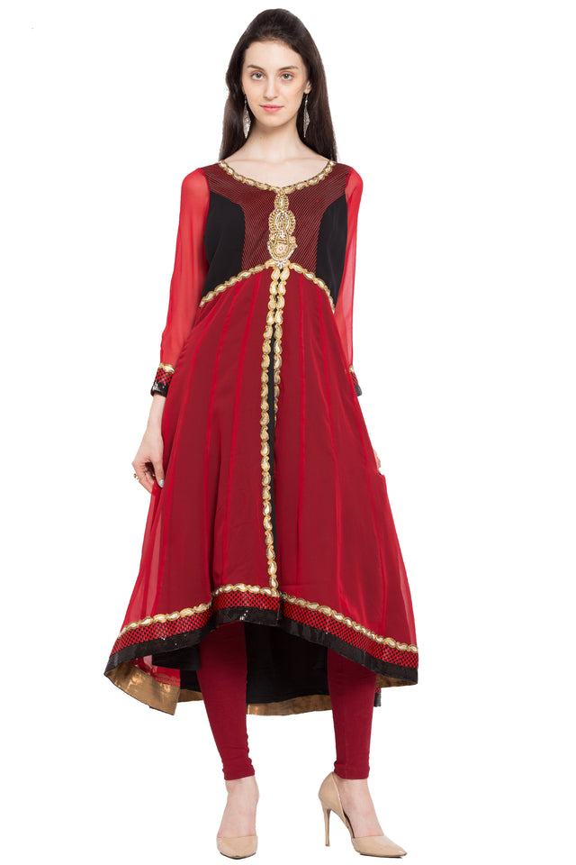Faux Georgette High-Low Kurti Top In Red
