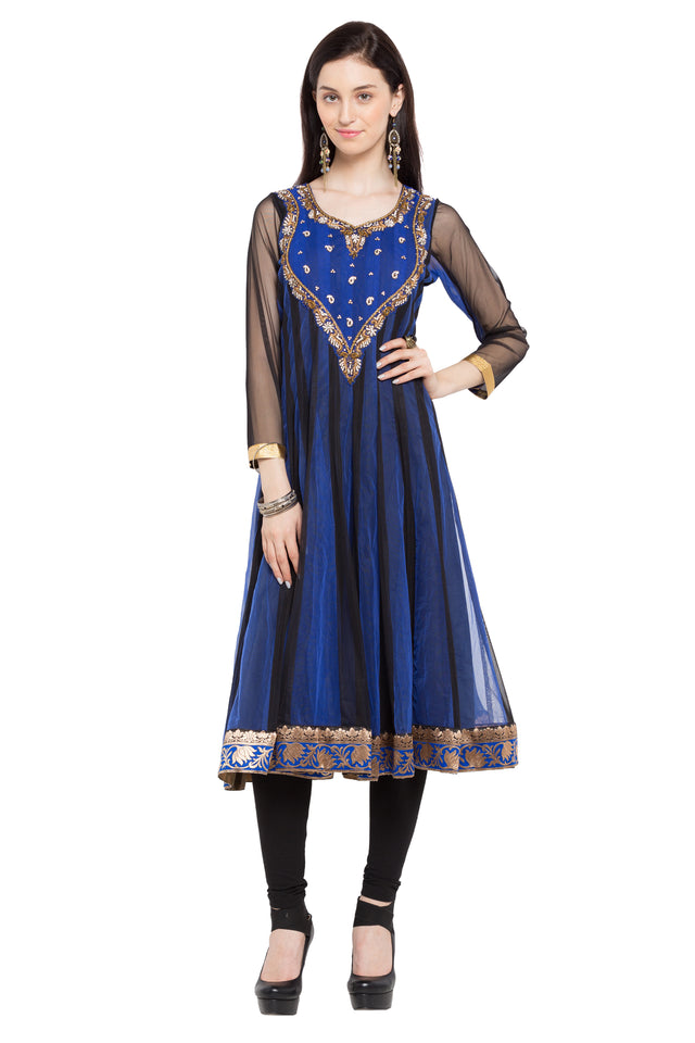 Faux Georgette Anarkali Kurti Top In Navy Blue