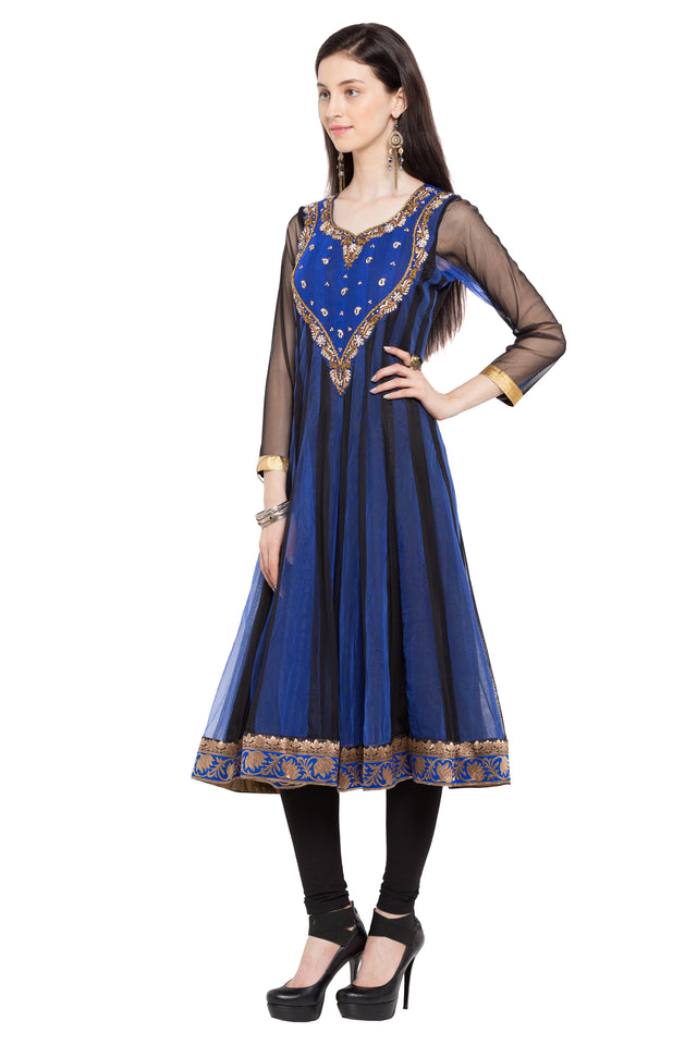 Faux Georgette Anarkali Kurti Top In Navy Blue