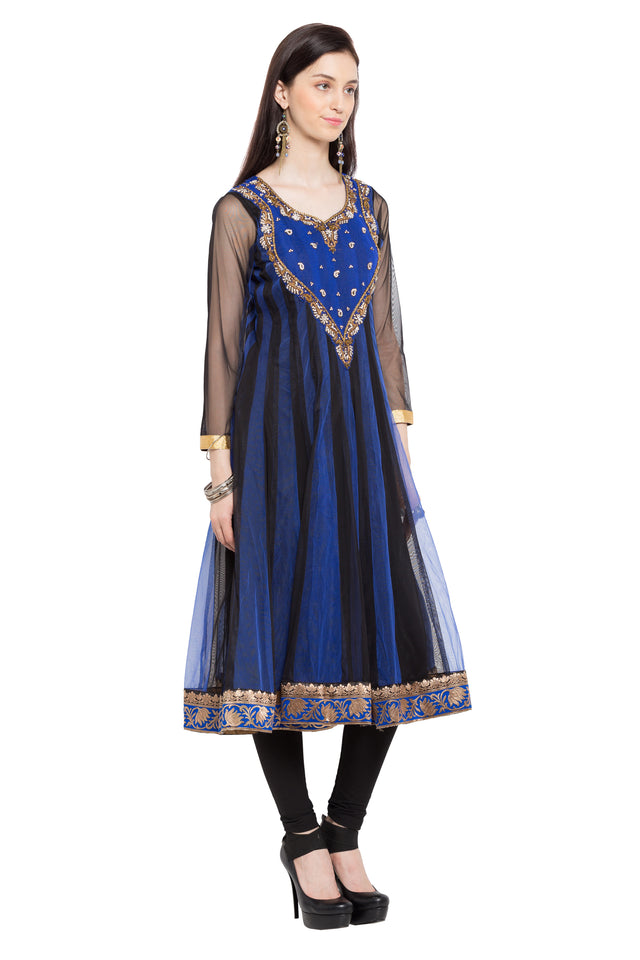 Faux Georgette Anarkali Kurti Top In Navy Blue
