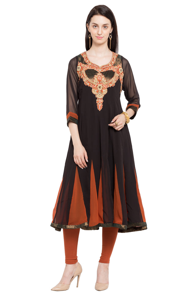 Faux Georgette Anarkali Kurti Top In Black