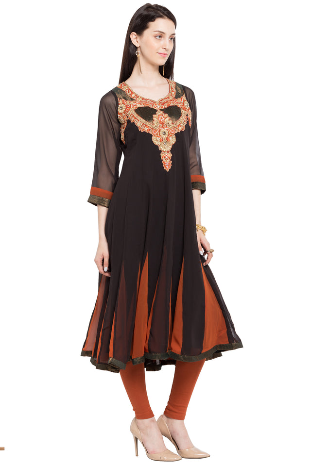Faux Georgette Anarkali Kurti Top In Black