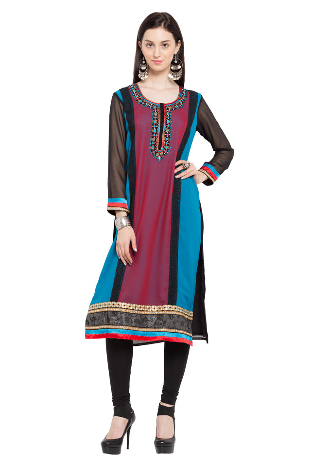 Faux Georgette Straight Kurti In Black