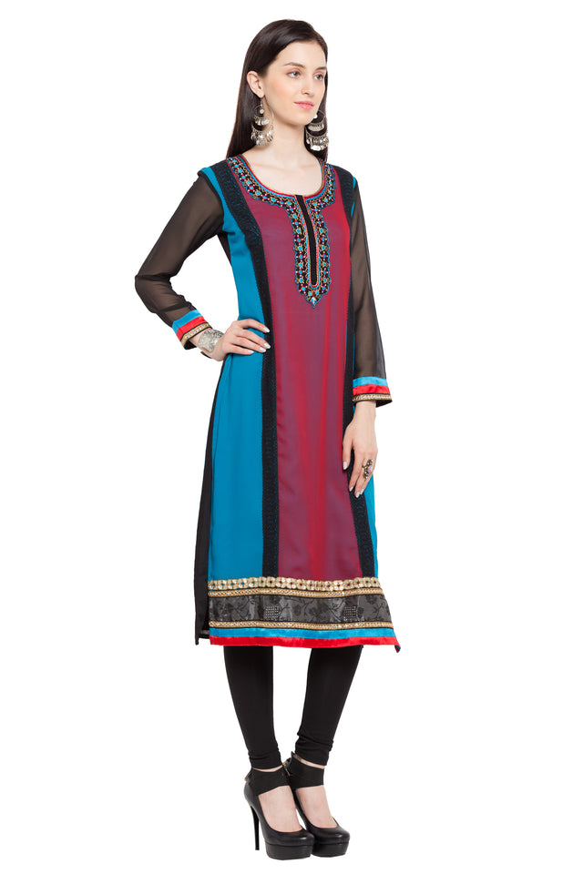 Faux Georgette Straight Kurti In Black