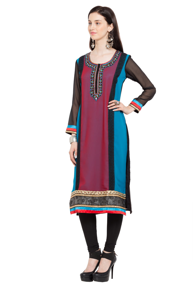 Faux Georgette Straight Kurti In Black