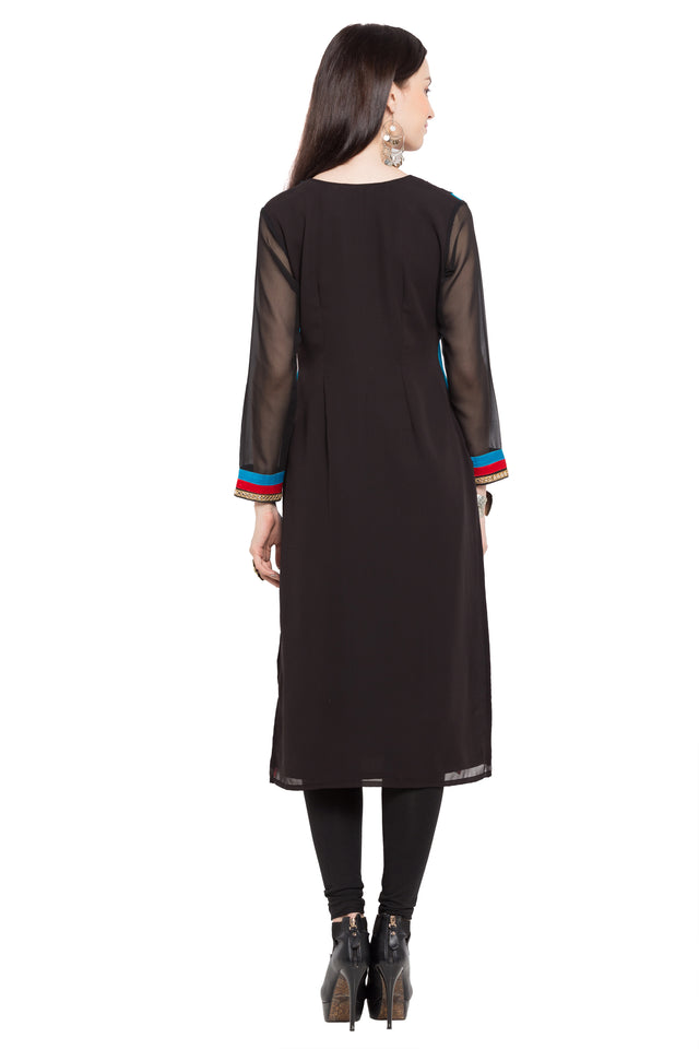 Faux Georgette Straight Kurti In Black