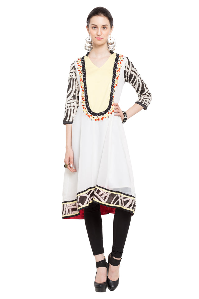Blended Cotton Printed Kurti In White