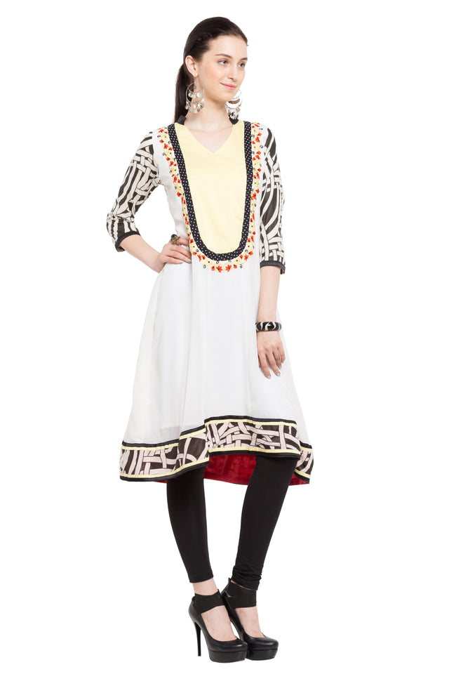 Blended Cotton Printed Kurti In White