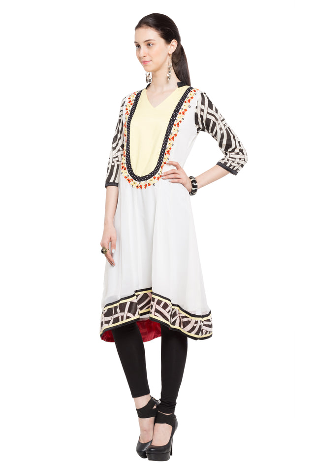 Blended Cotton Printed Kurti In White