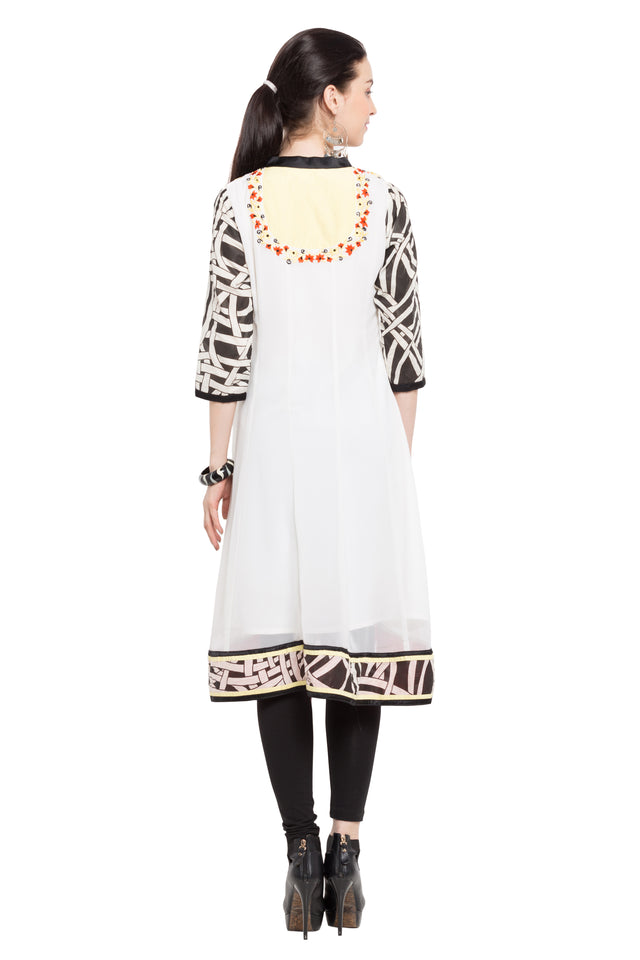 Blended Cotton Printed Kurti In White
