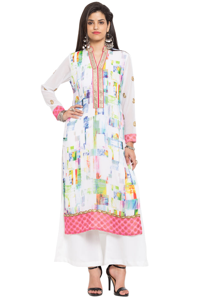 Faux Georgette Straight Kurti Top In White