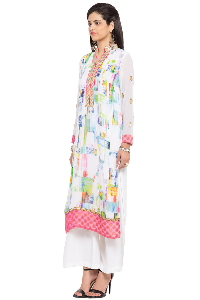 Faux Georgette Straight Kurti Top In White