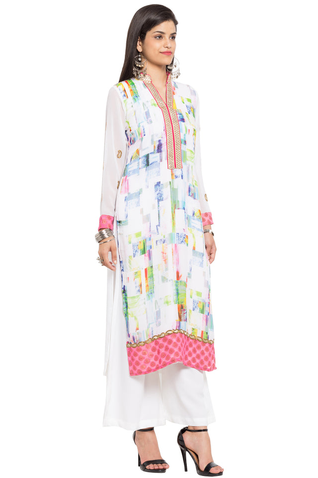 Faux Georgette Straight Kurti Top In White