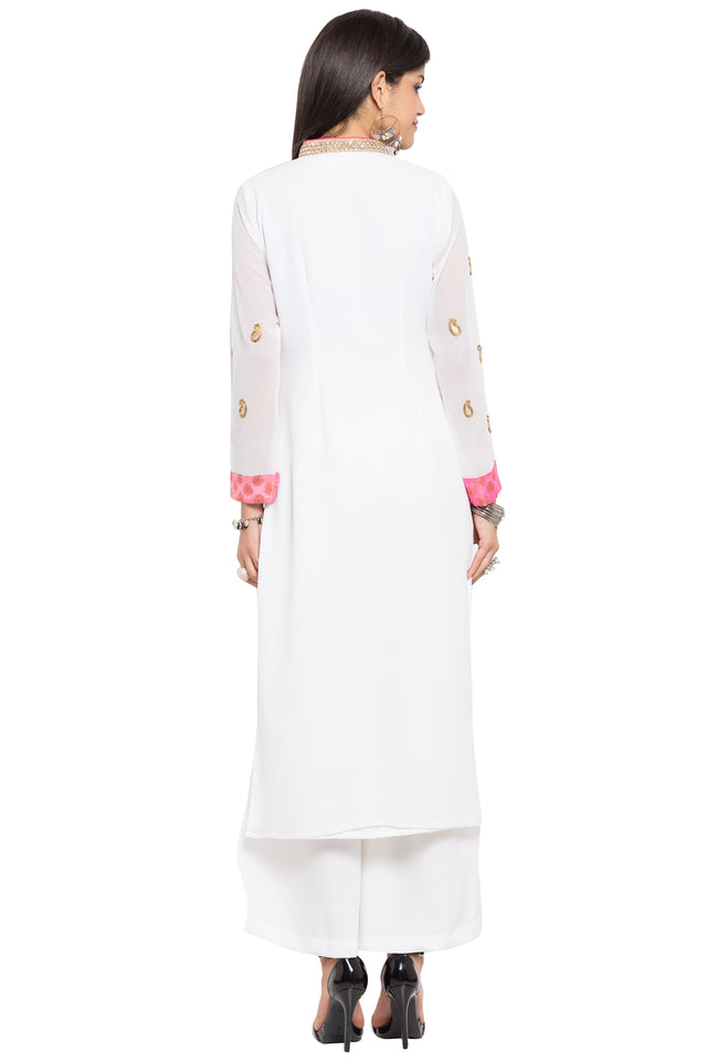 Faux Georgette Straight Kurti Top In White