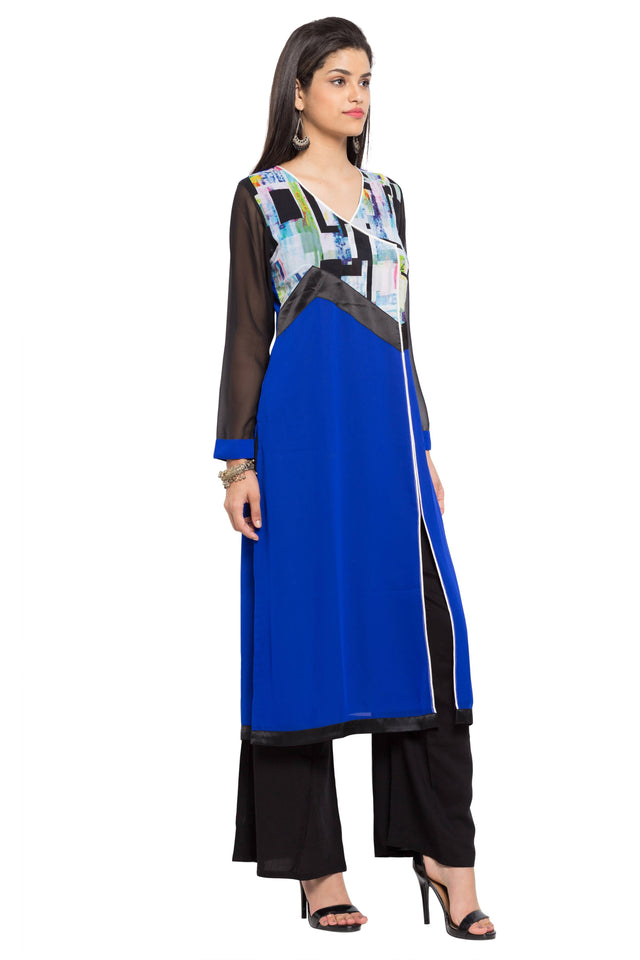 Faux Georgette Straight Kurti Top In Blue