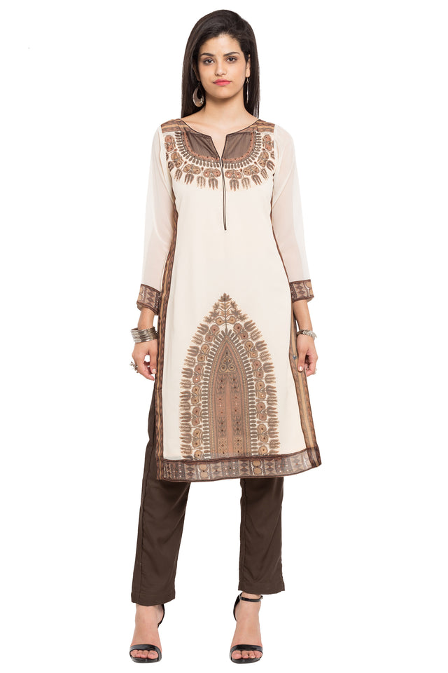 Faux Georgette Straight Kurti In Brown