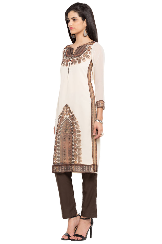 Faux Georgette Straight Kurti In Brown