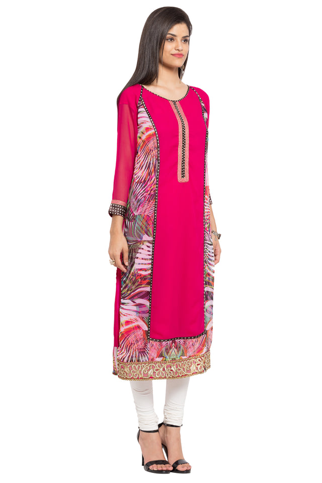 Faux Georgette Straight Kurti In Pink