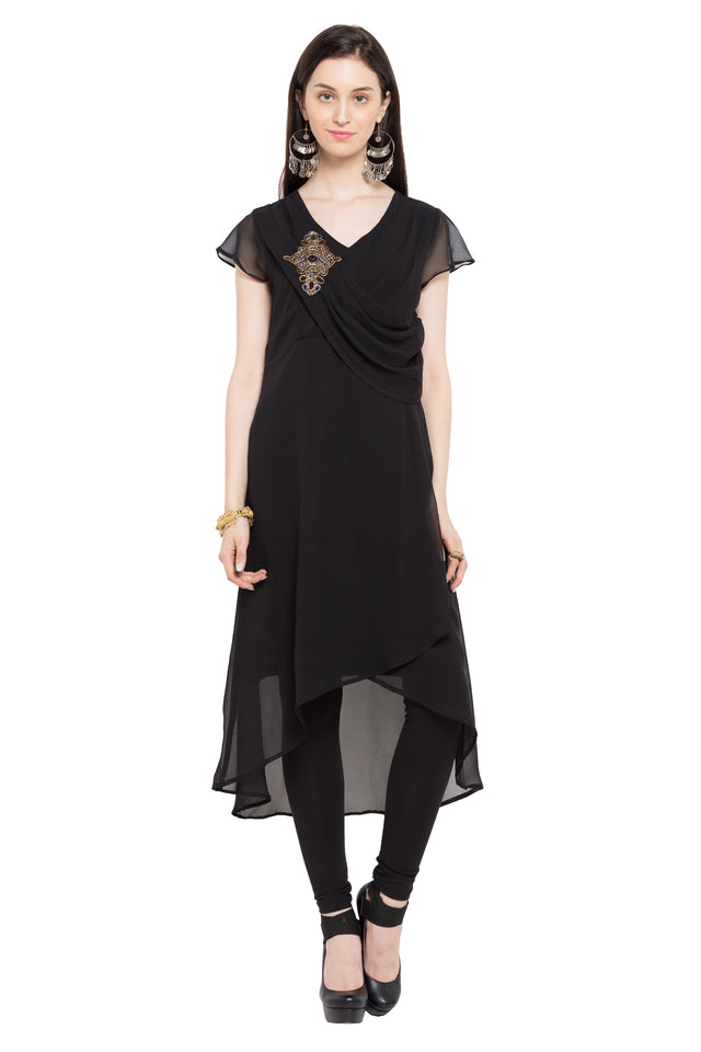 Faux Georgette High-Low Kurti Top In Black