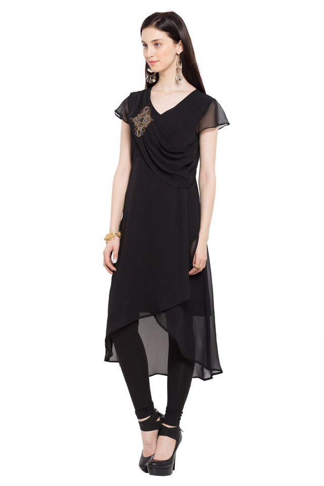 Faux Georgette High-Low Kurti Top In Black