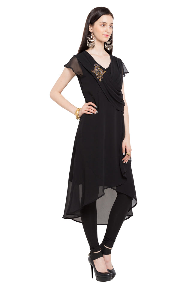 Faux Georgette High-Low Kurti Top In Black