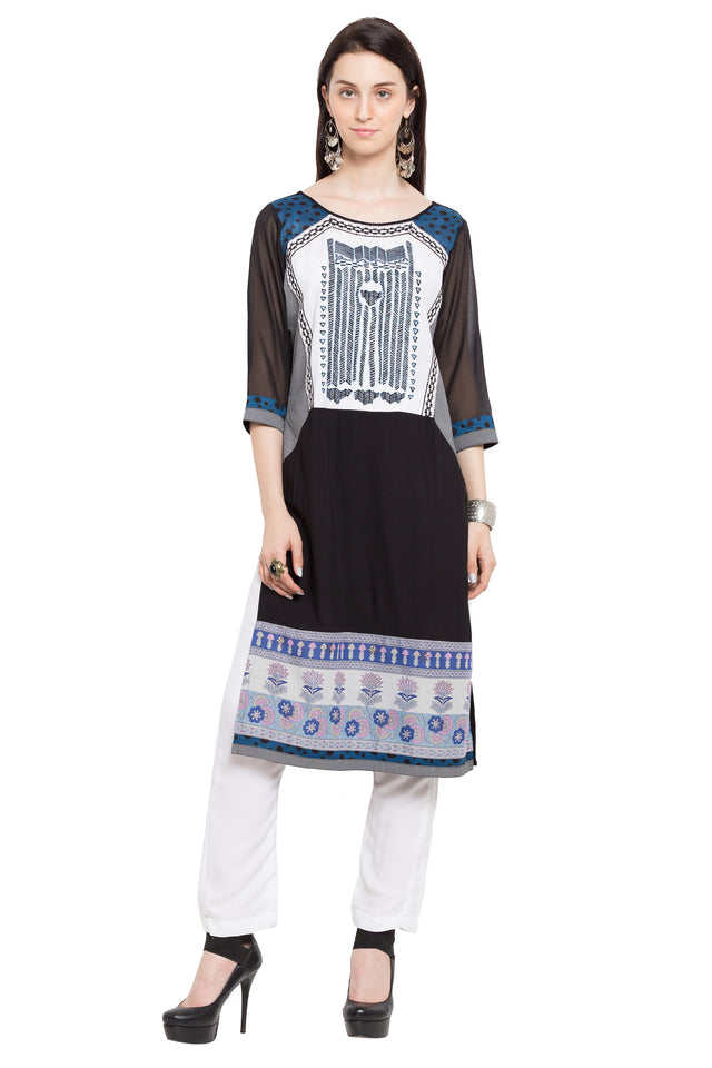 Faux Georgette Straight Kurti In Black