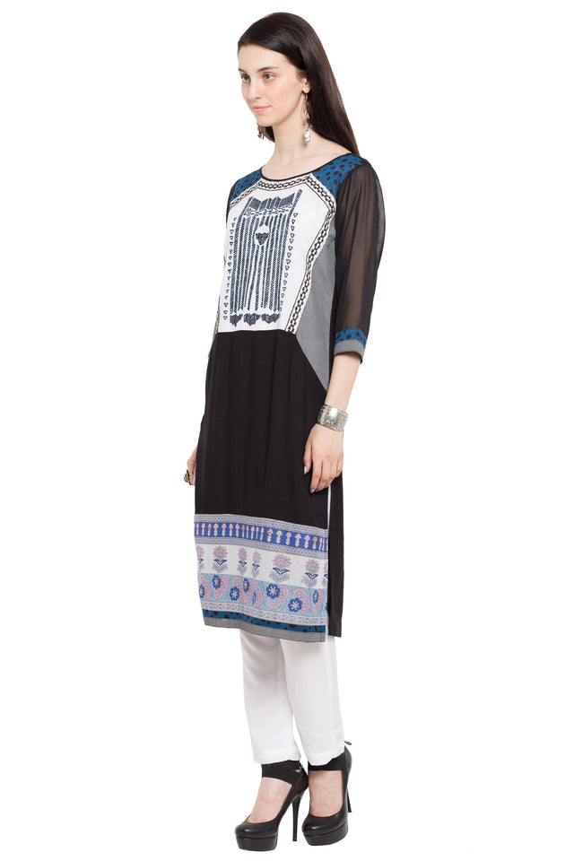Faux Georgette Straight Kurti In Black