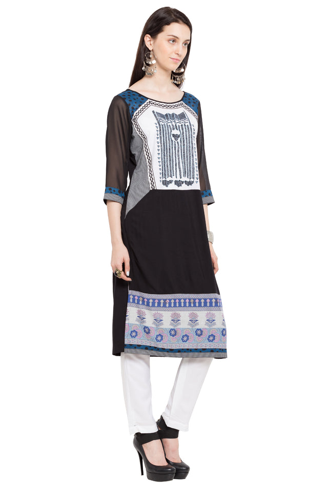Faux Georgette Straight Kurti In Black